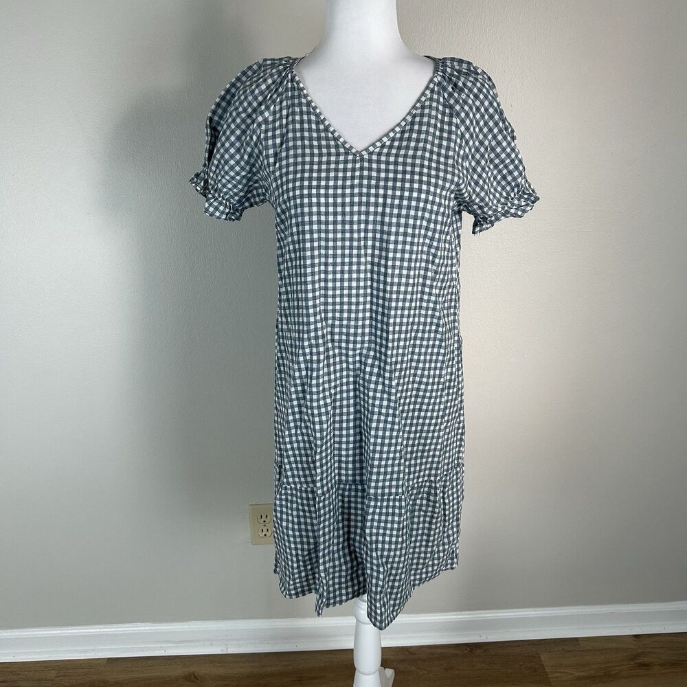 Size M Peasant Dress Gingham Plaid Checkered Blue White Cottagecore Boho Shift